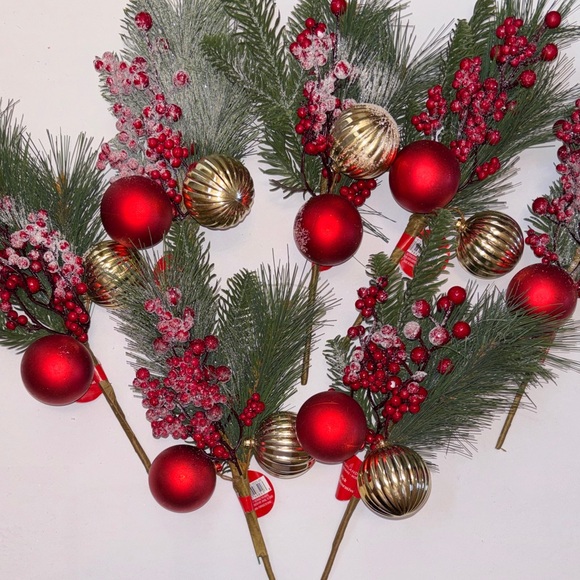 Other - Festive Red & Gold Christmas Pick - Holiday Pine, Berries & Ornaments 7
